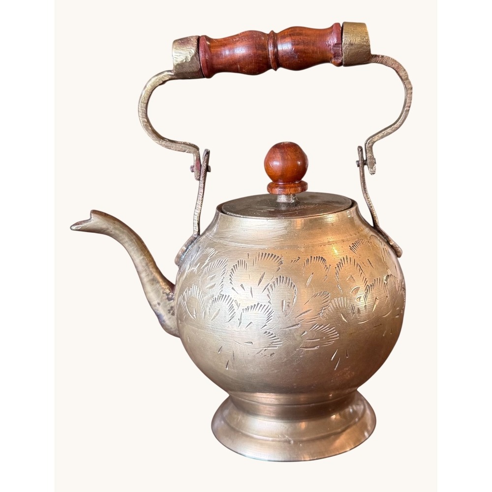 Vintage Brass Teapot- Made in India- Etched Florals- Wood Handle